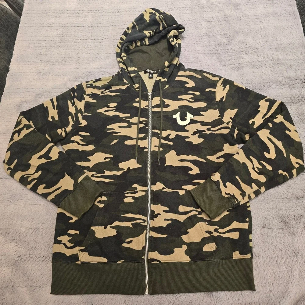 True Religion Mens Camo Buddha Logo Zip Up Hoodie Green Brown Large